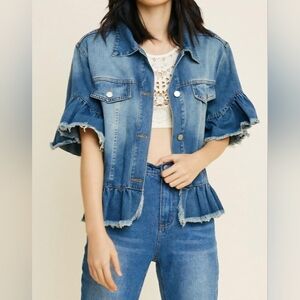 Sugar Lips Short Sleeve Ruffled Denim Button-Up Jacket Size Sm But Wld Fit A Med